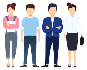 Business man and woman face less character set team standing together and posing with bag