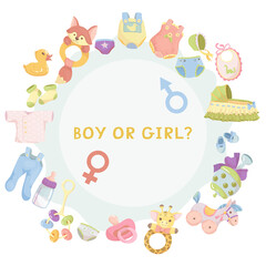 Gender reveal party invitation template. Boy or girl? Baby shower clipart. Blue and pink colors. Gender reveal. Vector illustration Isolated on white background