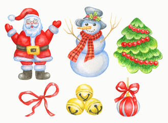 Winter holiday set.Hand painted watercolor illustration with santa claus,snowman,christmas tree,red ribbon, toy and bells.