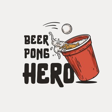 Beer pong game. T-shirt print with beer cup and flying ball for design competition or tournament in bar. Alcohol sport with throw and drink. College challenge with booze
