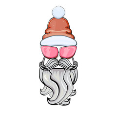 Vector cool hipster Santa Claus with santa red hat and sunglasses isolated on white. Merry Christmas label and print with biker santa head icon, beard and moustache.