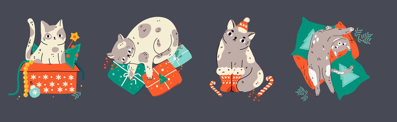 Funny cats Christmas and New Year set. Cute cats with garland, giftboxes , sweaters. Collection of cartoon pets for winter seasonal celebration and greetings