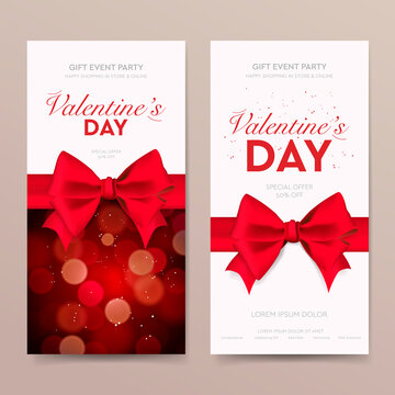 Valentines day web banner with red bow, vector