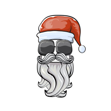 Vector cool hipster Santa Claus with santa red hat and sunglasses isolated on white. Merry Christmas label and print with biker santa head icon, beard and moustache.