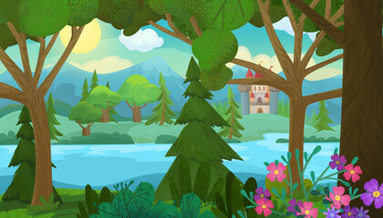 cartoon scene with nature forest and castle illustration