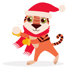 Cute tiger in Santa hat, warm red scarf and yellow mittens plays snowballs in winter. Vector graphic.	