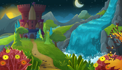 cartoon scene with nature forest and castle illustration