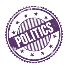 POLITICS text written on purple indigo grungy round stamp.