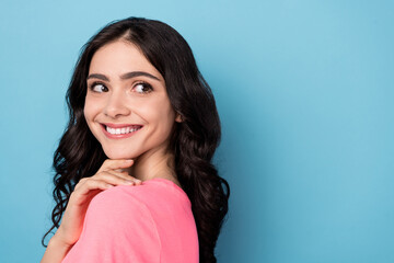 Fototapeta premium Profile side photo of young lovely lady dreamy wonder look empty space isolated over blue color background