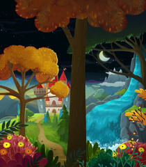 cartoon scene with nature forest and castle illustration