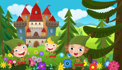 cartoon scene with forest elf and castle illustration