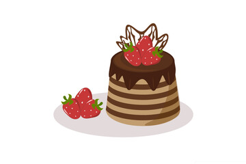 Chocolate cake with strawberries, color illustration, on a white background, drawing for print and design