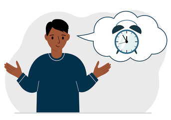 Happy man with thought balloon with alarm clock. Time management, planning, organization of working time, effective business, deadline.