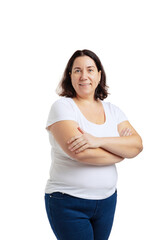 Fototapeta premium Half-length portrait of woman without make-up in casual clothes style looking at camera isolated on white background.