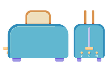 A toaster with slices of bread in two projections, profile and full face, an electronic device for toasting bread, the morning routine of preparing breakfast. Vector illustration