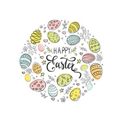 Happy Easter Frame. Hand drawn Easter eggs circle composition for banner, print, background, invitation and greeting cards design and decoration. Doodle style