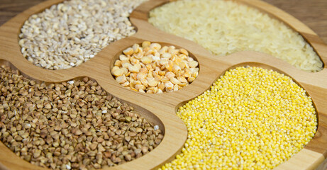 Grain crops. Millet, rice, peas. Healthy eating, vegetarianism, vegetable food