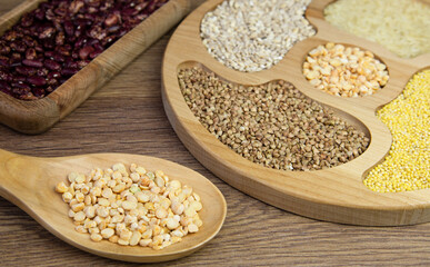 Grain crops. Millet, rice, peas. Healthy eating, vegetarianism, vegetable food