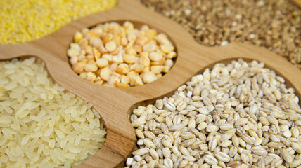Grain crops. Millet, rice, peas. Healthy eating, vegetarianism, vegetable food