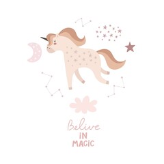 belive in magic. cartoon unicorn, hand drawing lettering, decor elements. colorful vector illustration, flat style. design for cards, t-shirt print, poster