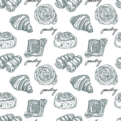 Hand drawn style puff pastry elements vector pattern on the white background. Elegant french bakery elements. Croissant, swirl pastry. Breakfast time. Sweet, chocolate tasty desserts. Coffee time.