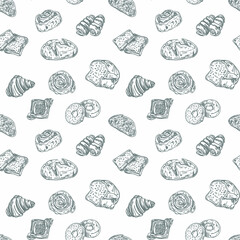 Hand drawn style puff pastry, bread elements vector pattern on the white background. Elegant french bakery elements, rye wheat bread loaf. Croissant, swirl pastry. Breakfast time. Coffee time. Menu.