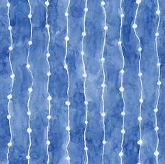 Fototapete Malen und Zeichnen von Linien Handgezeichnete Aquarellmalerei gewelltes nahtloses Muster. Blau gefärbter gestreifter Hintergrund. Wellenlinien mit Kreisen auf strukturiertem Papier. Vorlage für Design, Textilien, Tapeten, Teppiche, Keramik.