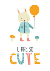 Cute little baby hare print. Doodle rabbit with balloon colorful poster. Happy bunny with lettering.