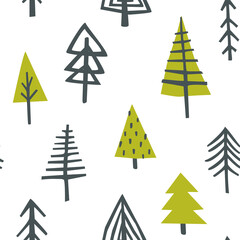 Abstract fir trees scandinavian doodle pattern. Stylized christmas tree seamless vector print for fabric, textile, wrapping paper, apparel, nursery.