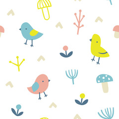 Cute abstract birds and mushrooms scandinavian pattern. Funny doodle baby print for fabric, textile, wrapping paper, apparel, nursery.