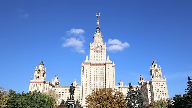 The Main building of Lomonosov Moscow State University on Sparrow Hills (autumn sunny day). It is the highest-ranking Russian educational institution. Russia  