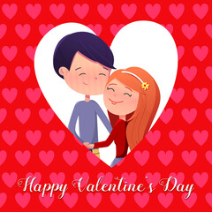 Gift card couple in love hugs inside the heart. Inscription Happy Valentine's Day. Vector illustration. 