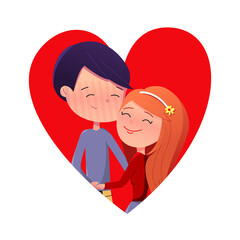 Vector illustration of a couple in love hugging inside the heart. Happy Valentine's Day. 