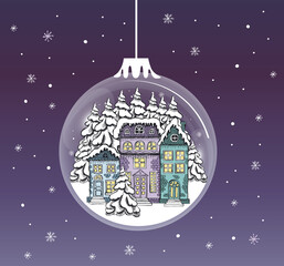 Сhristmas transparent balloon with houses, hand drawn illustration.	
