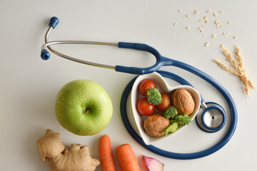 Healthcare concept with healthy products and tools on white table