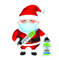 Santa Claus vector illustration isolated on white background. Santa emoji. Mask Emoticon. Santa Clause with mask. Syringe and vaccine icon.