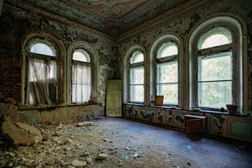 Old abandoned forgotten historical mansion. Former Philipov manor, Moscow region