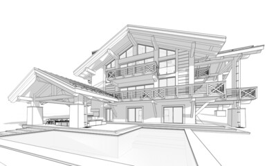 3d rendering of modern cozy chalet with pool and parking for sale or rent. Massive timber beams columns. Black line sketch with soft light shadows on white background.