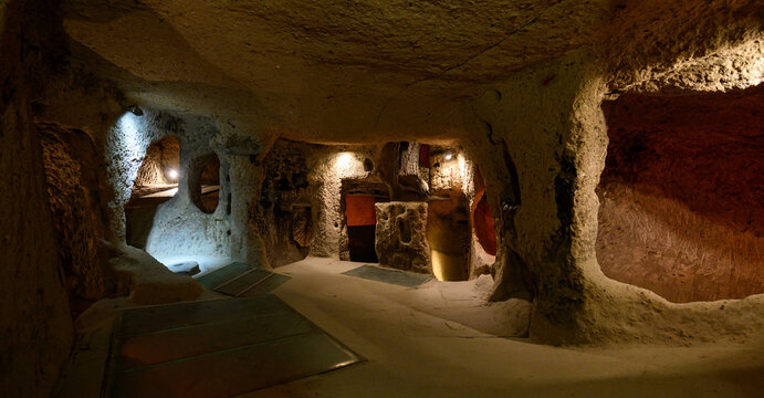 Kaymakli, Turkey - 10.12.2021: Aancient multi-level underground cave city in Cappadocia, Turkey.	