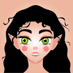 beauty cartoon character elf girl portrait with elf ears, black hair, green eyes