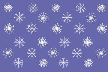 Растровые иллюстрации Рождества и Нового года, зимние снежинки белые на  модном цвете года Very Peri. выкройки для ткани, оберточной бумаги или открыток, для печати на скатертях. место для текста.
