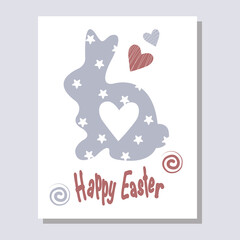 Vector easter card with cute bunny, rabbit and hearts in pastel colors in Scandinavian style