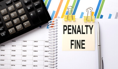 PENALTY FINE text, written on a sticker with calculator,pen on the chart background.