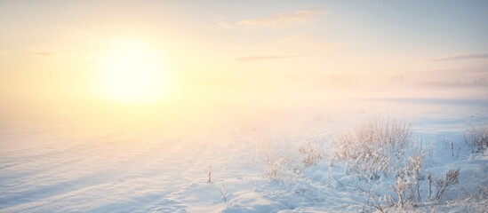 Breathtaking panoramic view of snow-covered field after a blizzard. Lapland, Finland. Sunset, setting sun, golden light. Winter wonderland. Ice desert. Ecology, weather, climate change, global warming - obrazy, fototapety, plakaty