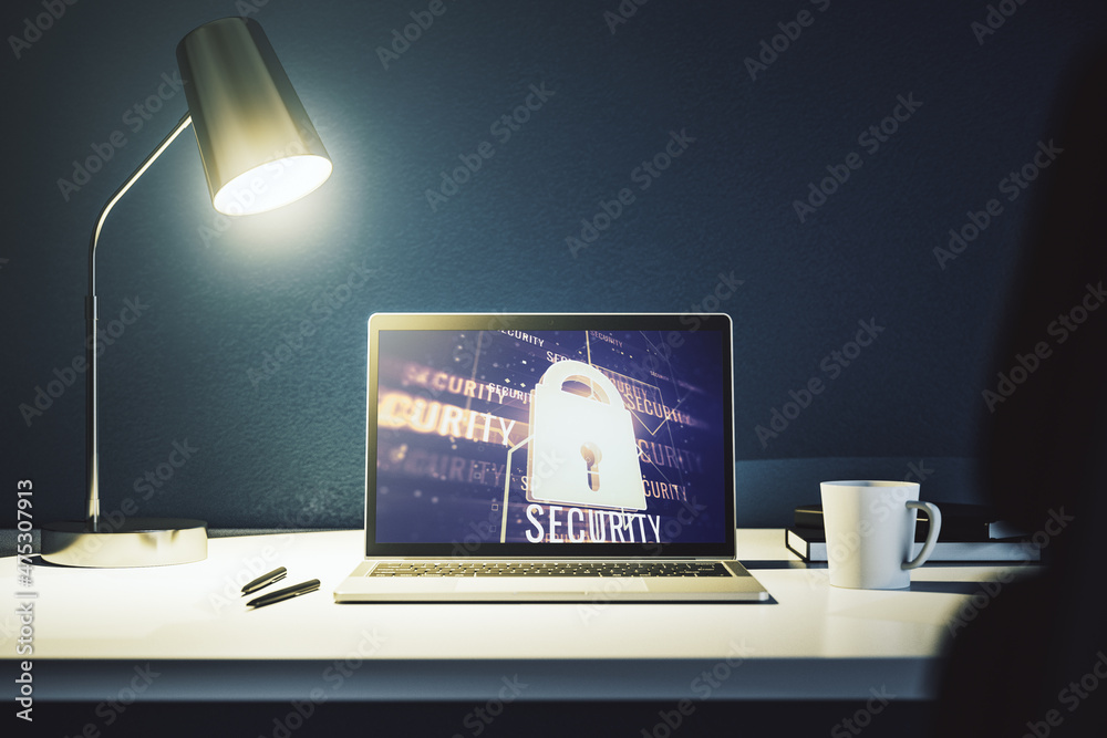 Aufkleber Creative idea concept with lock symbol and microcircuit illustration on modern laptop screen. Protection and firewall concept. 3D Rendering