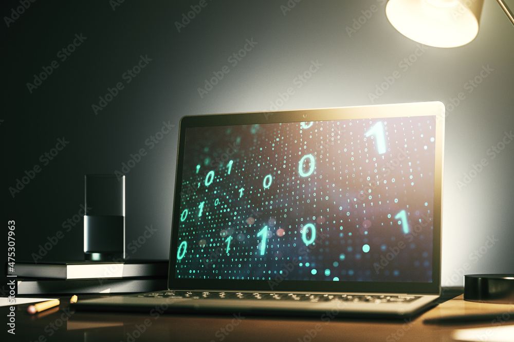 Poster creative abstract binary code sketch on modern laptop monitor, hacking and matrix concept. 3d render