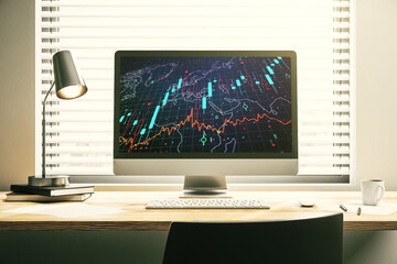 Modern computer screen with abstract creative financial chart with world map, research and analytics concept. 3D Rendering