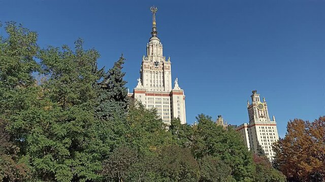 The Main building of Lomonosov Moscow State University on Sparrow Hills (autumn sunny day). It is the highest-ranking Russian educational institution. Russia  