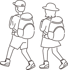 リュックを背負って歩く山登り男女ペアセット(後ろ向き)線画