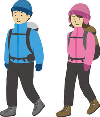 リュックを背負って歩く登山男女ペアセット(冬)1